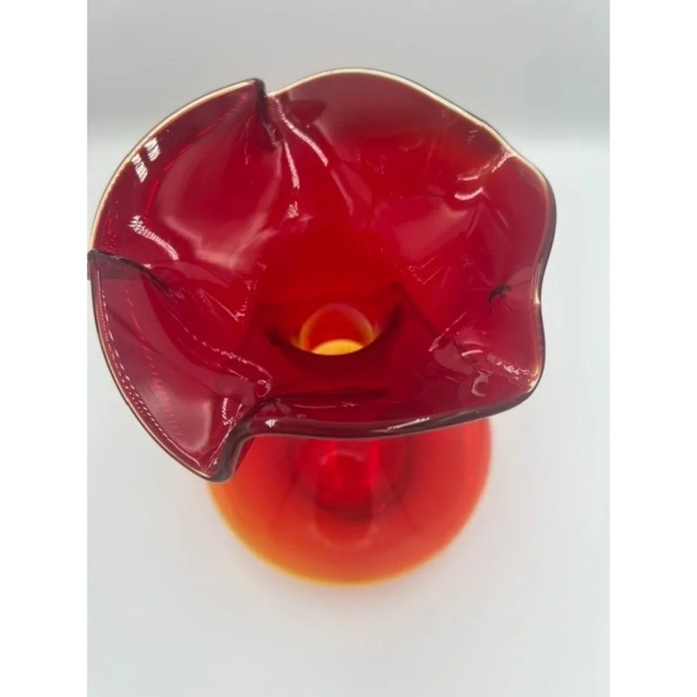 Vintage Amberina MCM Art Glass Ruffled Rim Vase Red Orange Blown Glass 10.5 In